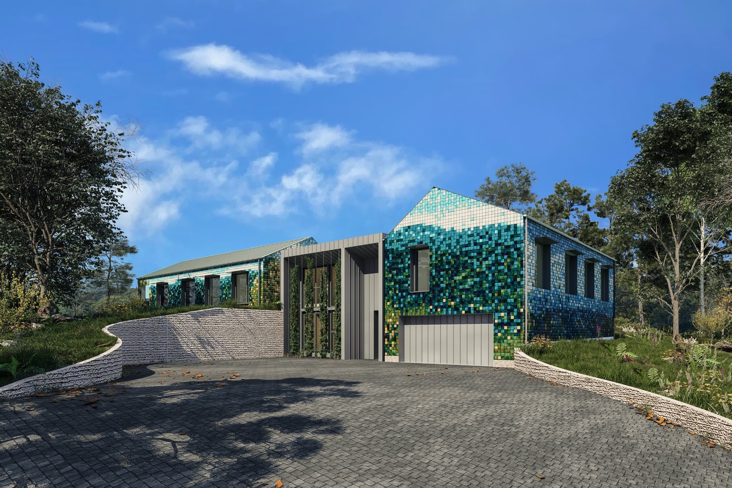 Render of the driveway approach, the ceramic-tiled facade meeting the bushland